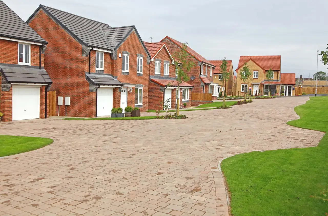 Block paved street and driveways in a new housing development