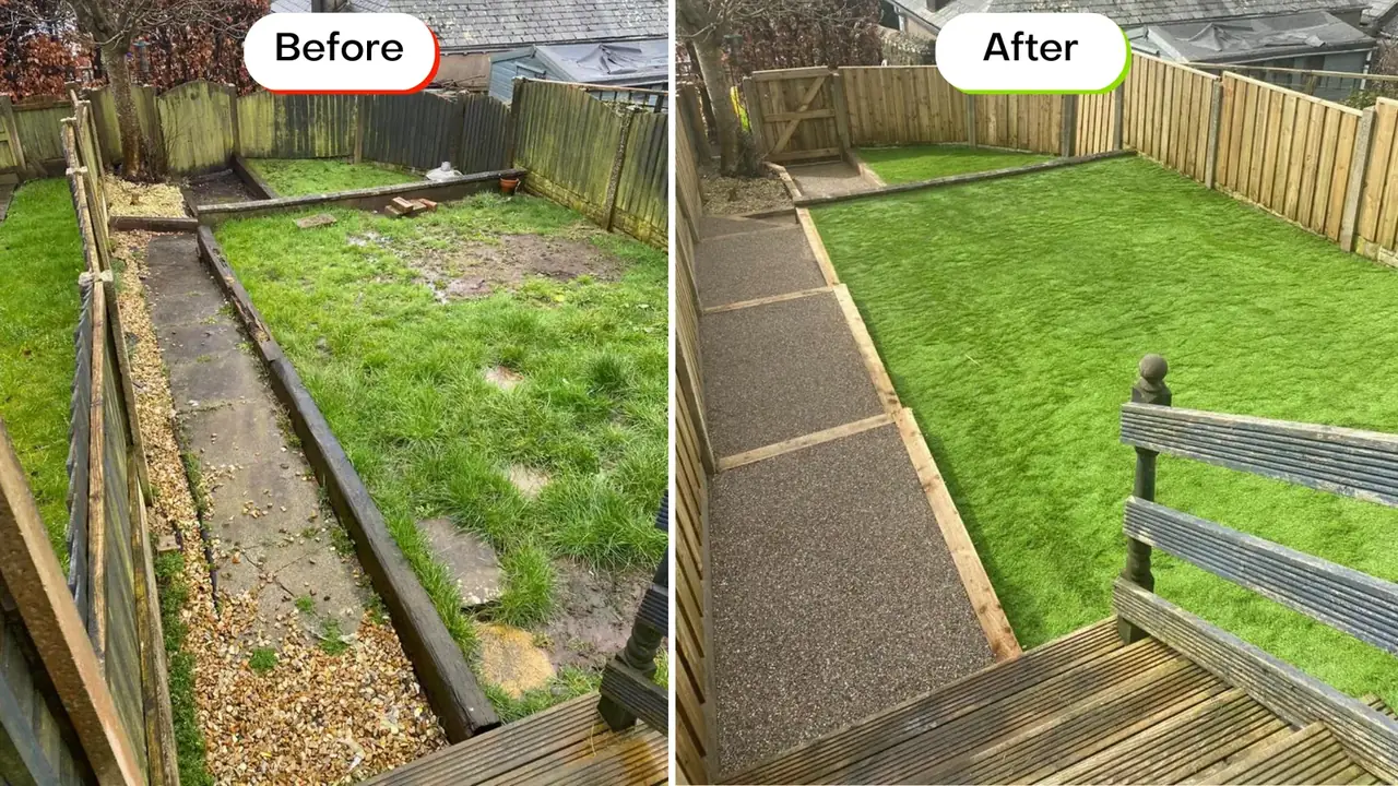 Before and after photos of a garden landscaped by Marshalls & Son