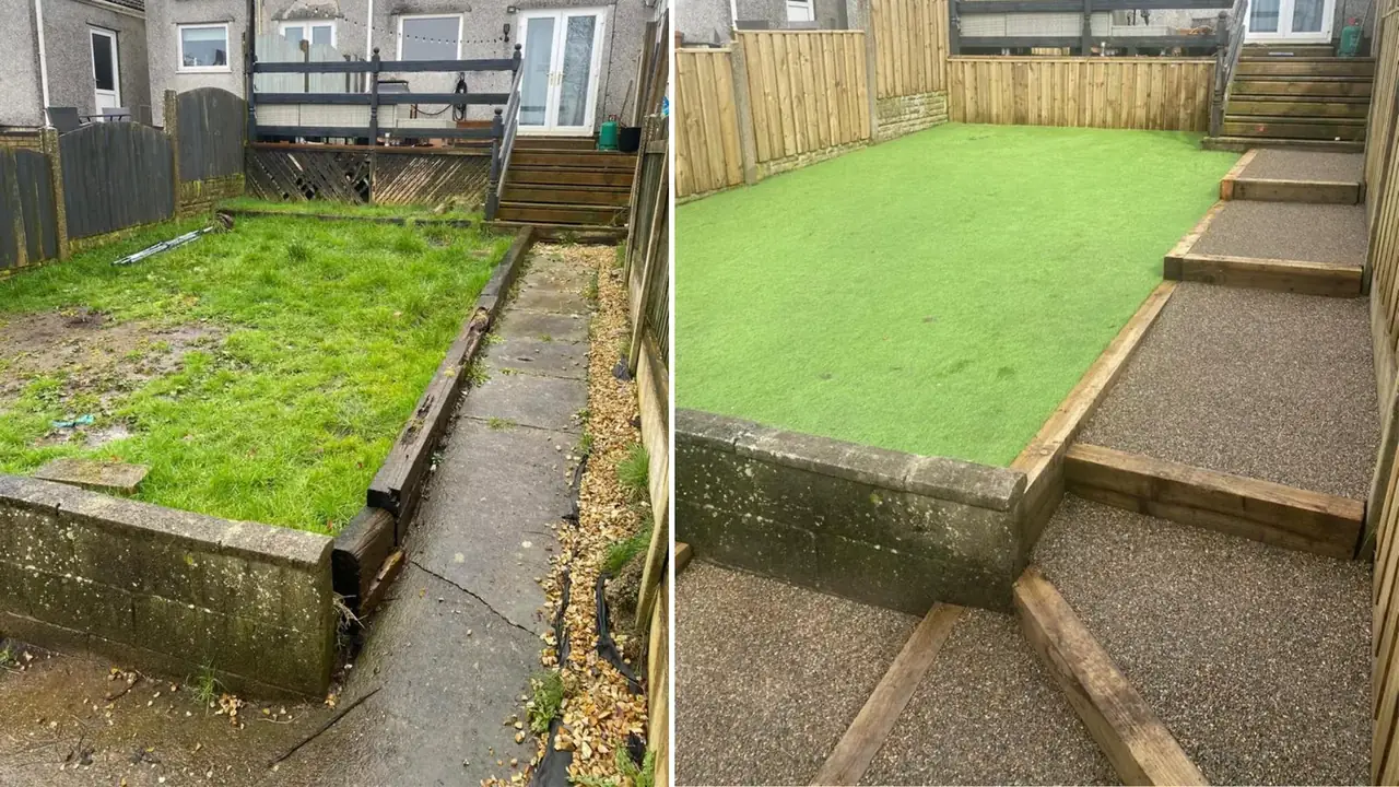 Garden before and after new lawn and edging by Marshalls & Son